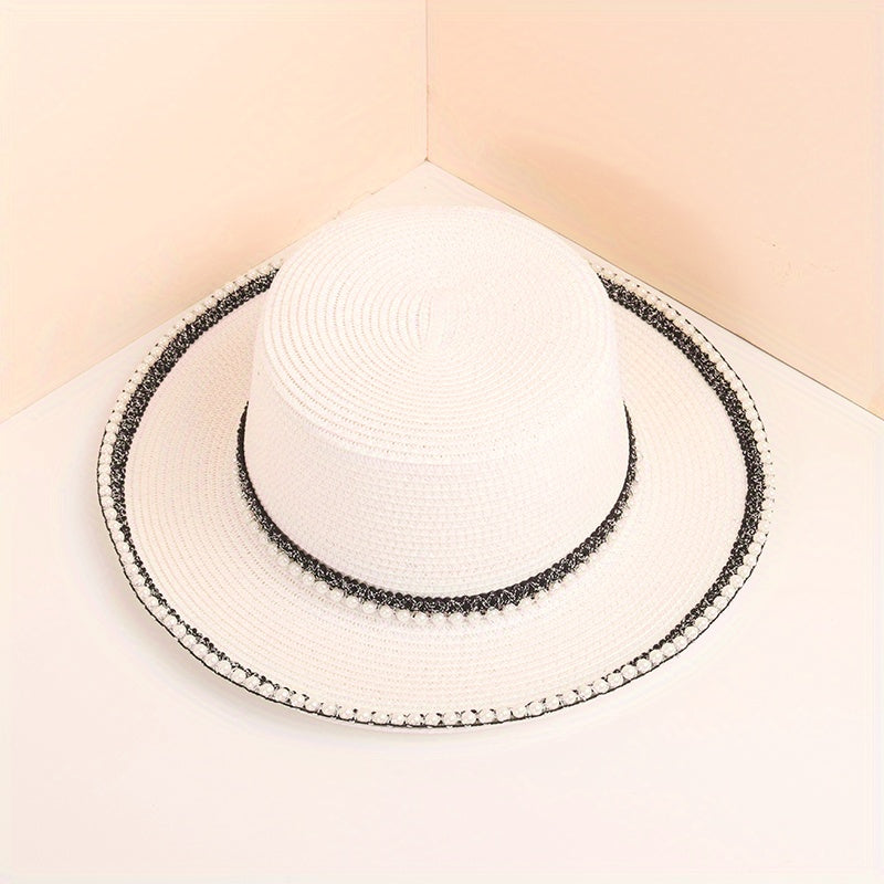 Faux Pearl Decor Sun Hat Flat Top Jazz Fedora Cap Women