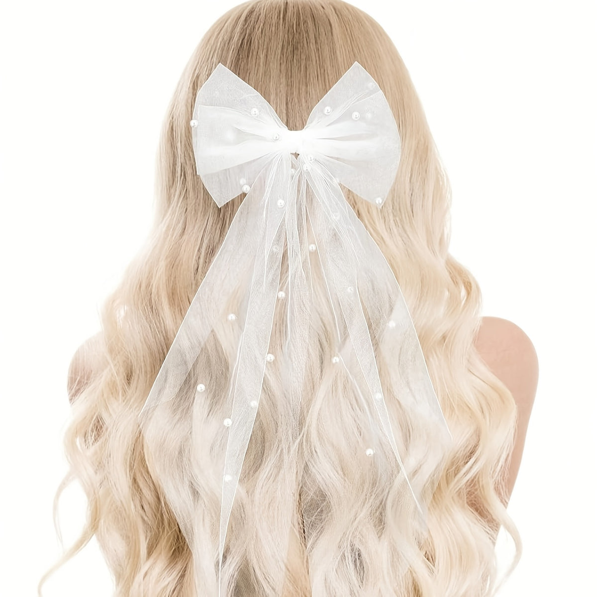 Pearl Bow Bridal Veil Ribbon Hair Clip Accessory for Wedding Bachelorette Party