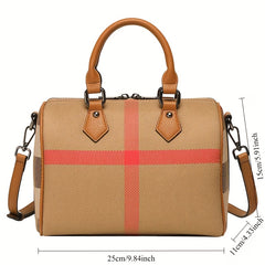 Striped Boston Pillow Handbag Light Brown with Red Accents