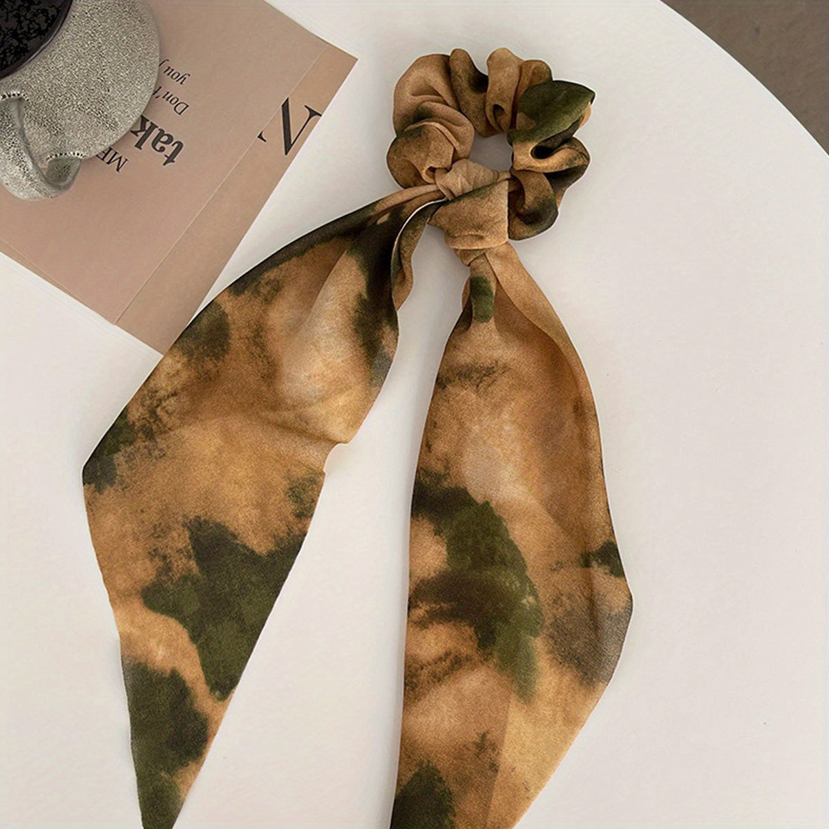 Smudged Ribbon Hair Tied Bun Ponytail Braided Rope Bow Scrunchie Accessories