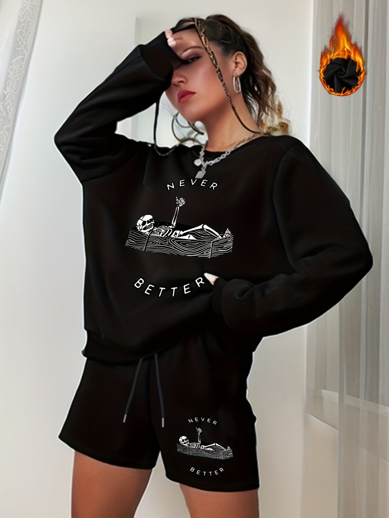  Halloween 2pcs Set Women's Plus Graphic Print Sweatshirt & Shorts