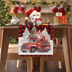 Polyester Merry Christmas Table Runner Red Plaid Santa Claus Printed Table Cover