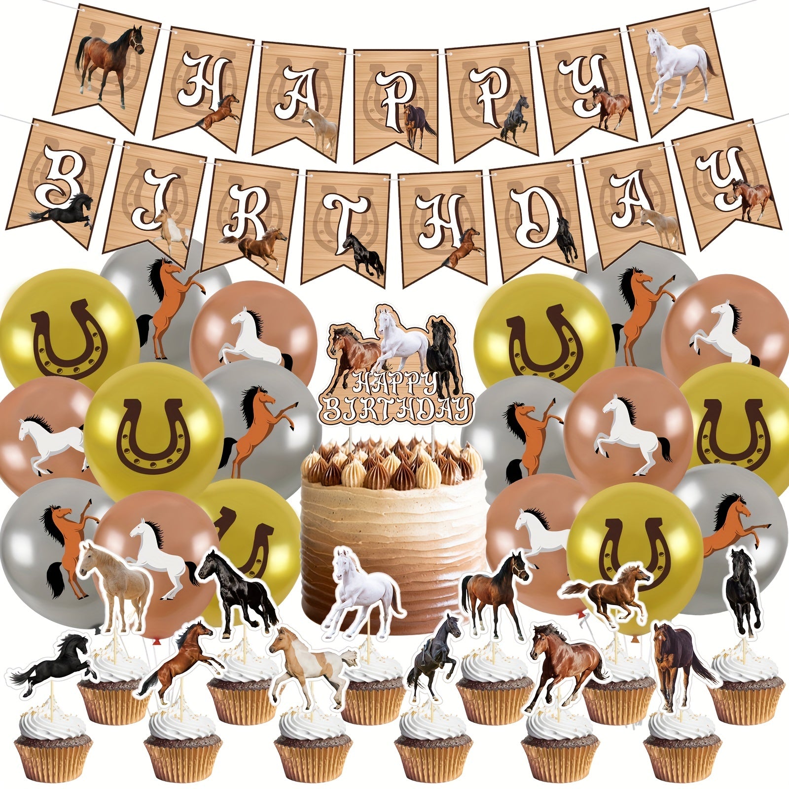 Horse Birthday Party Decoration Set with Balloons, Centerpieces & Tablecloth