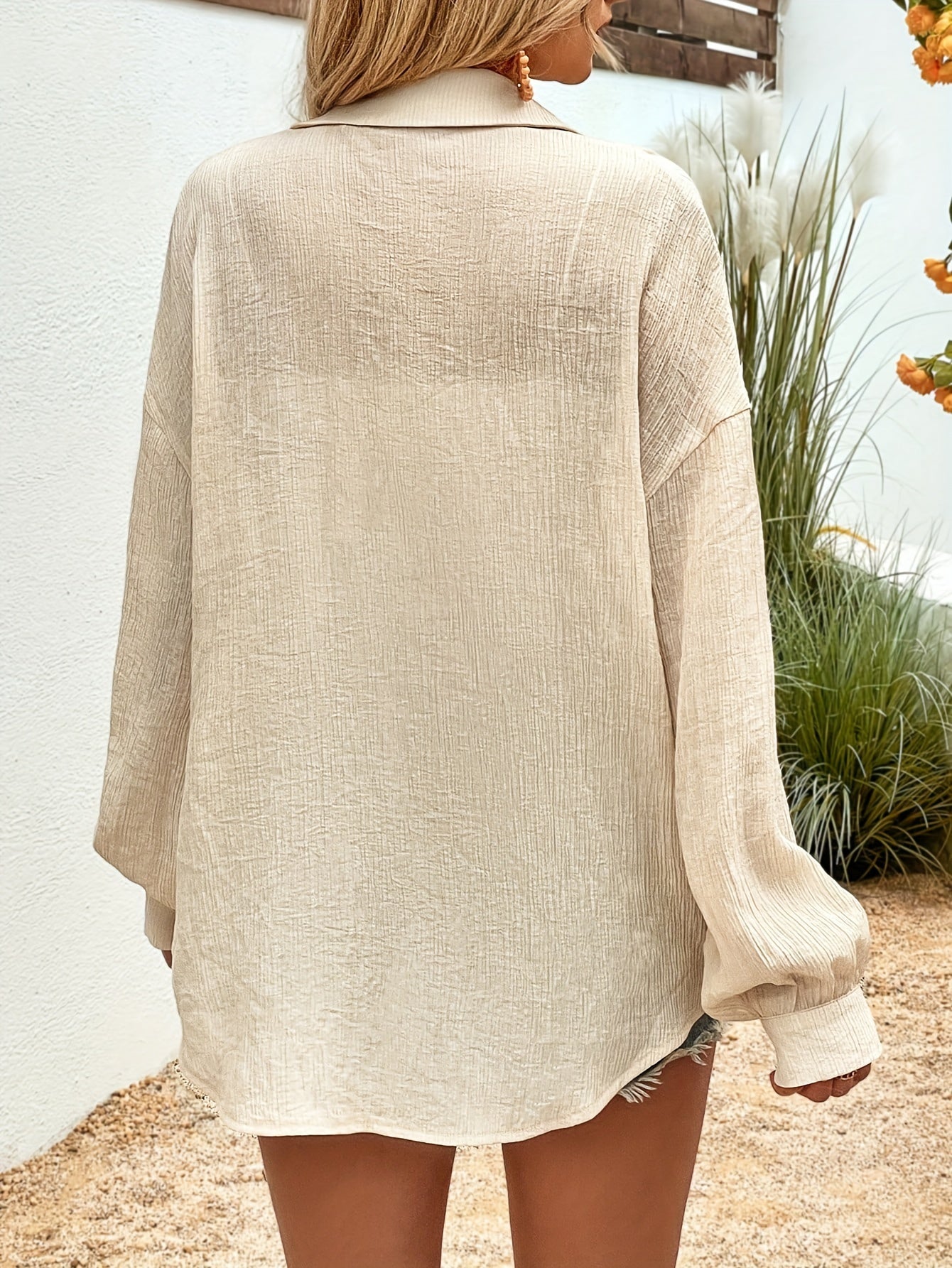 Women's Plus Solid Button Up Long Sleeve Blouse