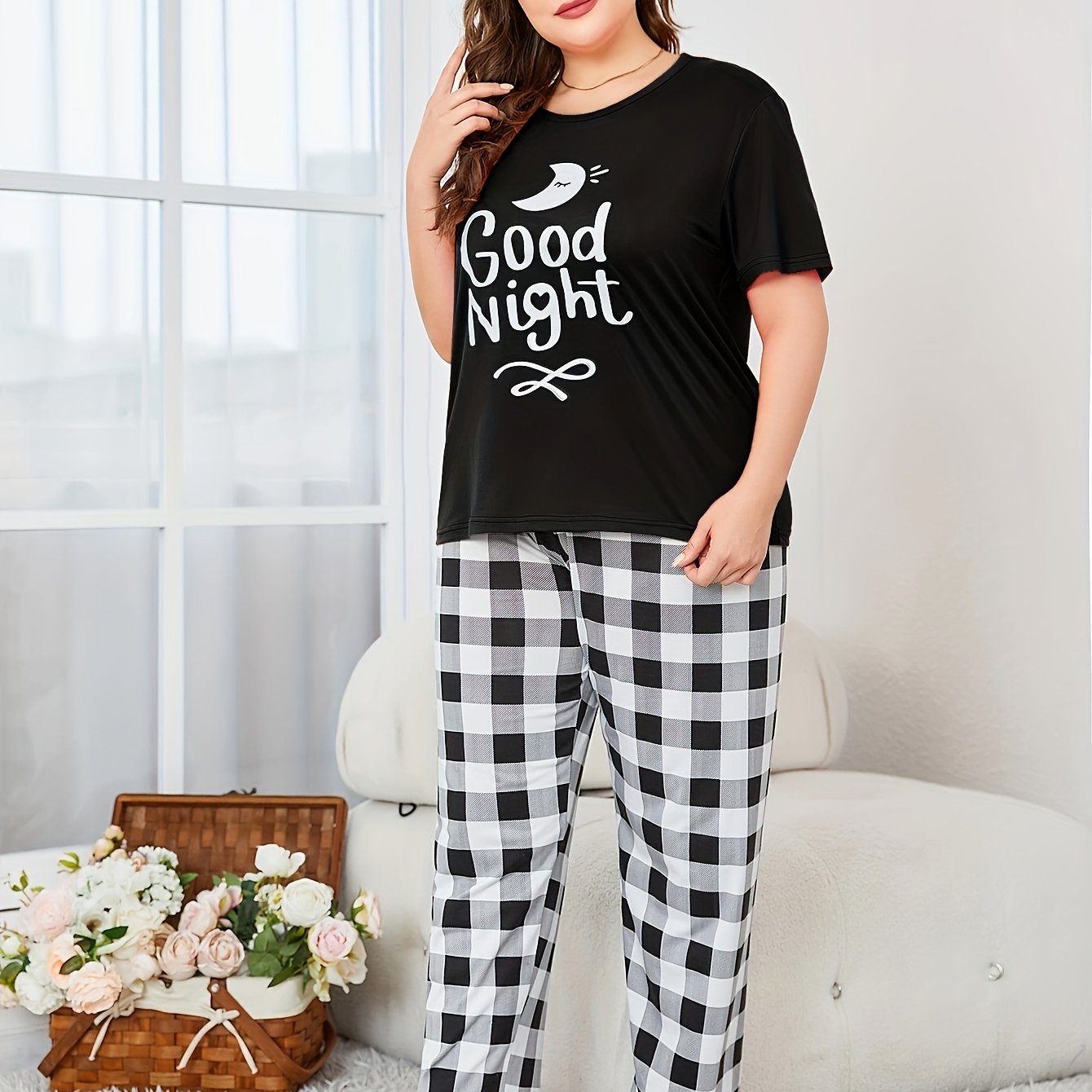 Casual Loungewear Set Women's Plus Short Sleeve Top & Gingham Pants