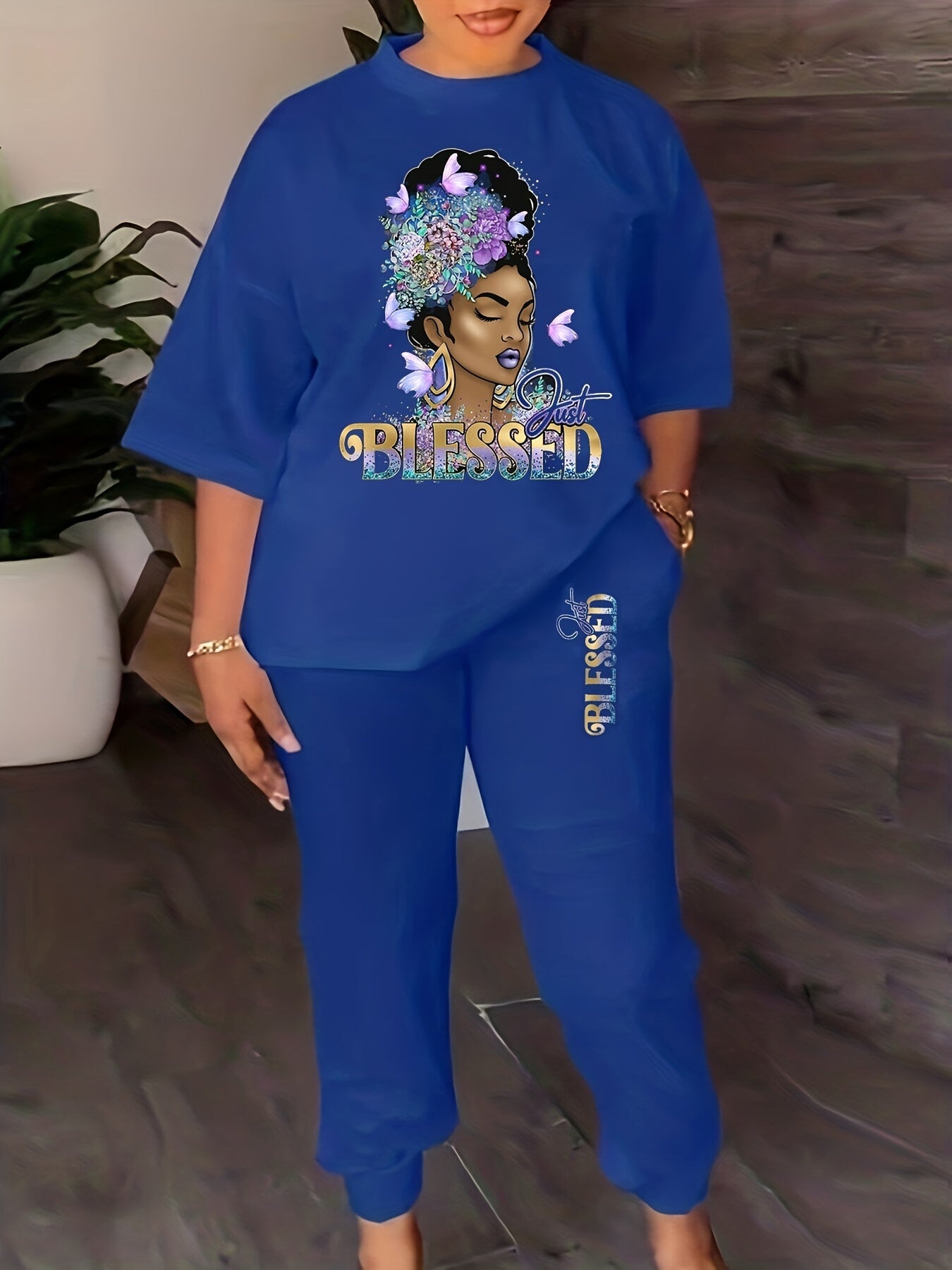 Blessed Print Casual Two piece Set Crew Neck Tops & Long Length Jogger Pants