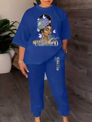 Blessed Print Casual Two piece Set Crew Neck Tops & Long Length Jogger Pants