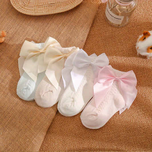 4 Pairs Baby Girls Bowknot Socks Ultra Thin Mesh Breathable Comfy Summer Socks