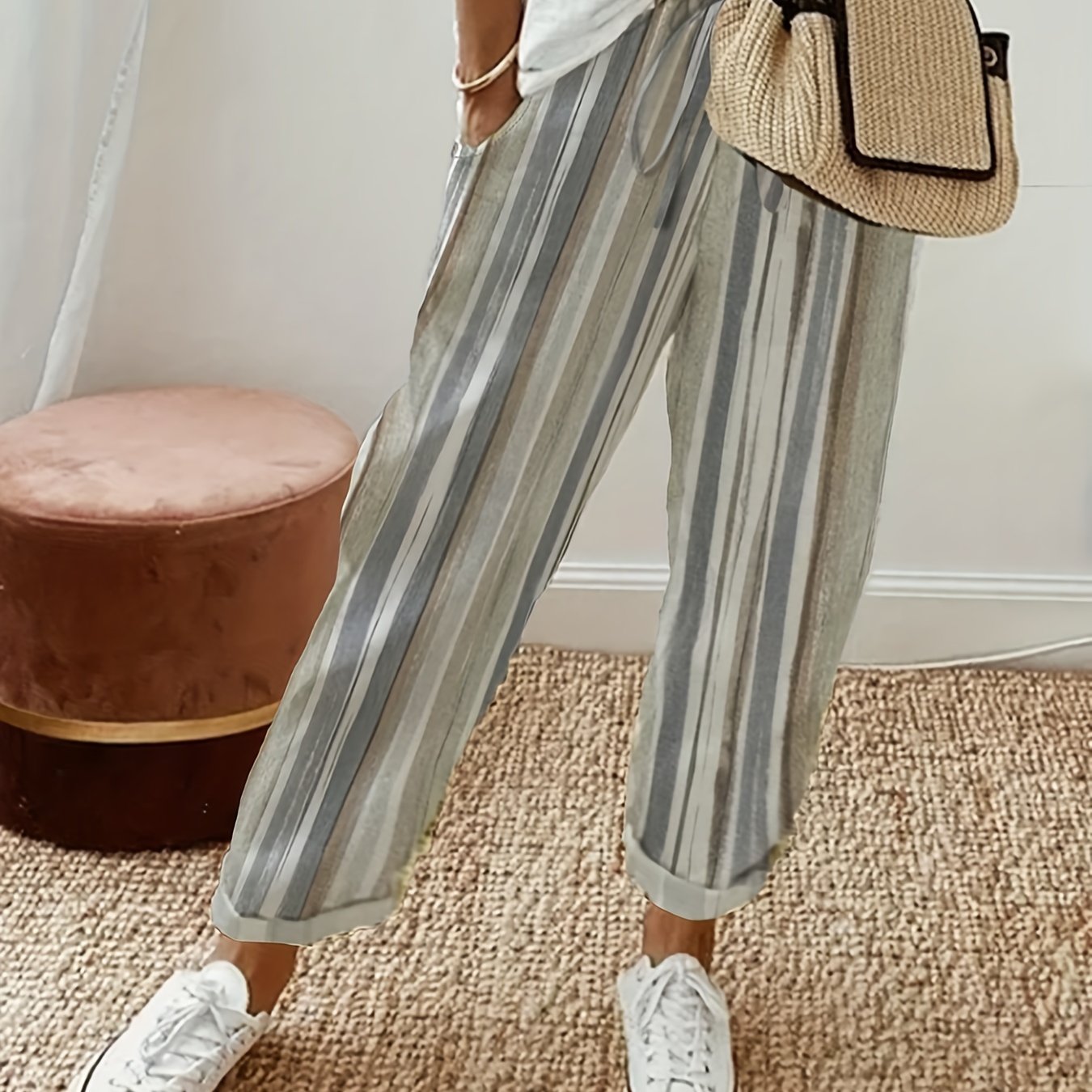  Stripe Print Drawstring High Rise Straight Leg Trousers