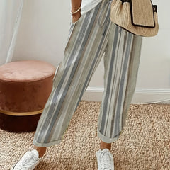  Stripe Print Drawstring High Rise Straight Leg Trousers