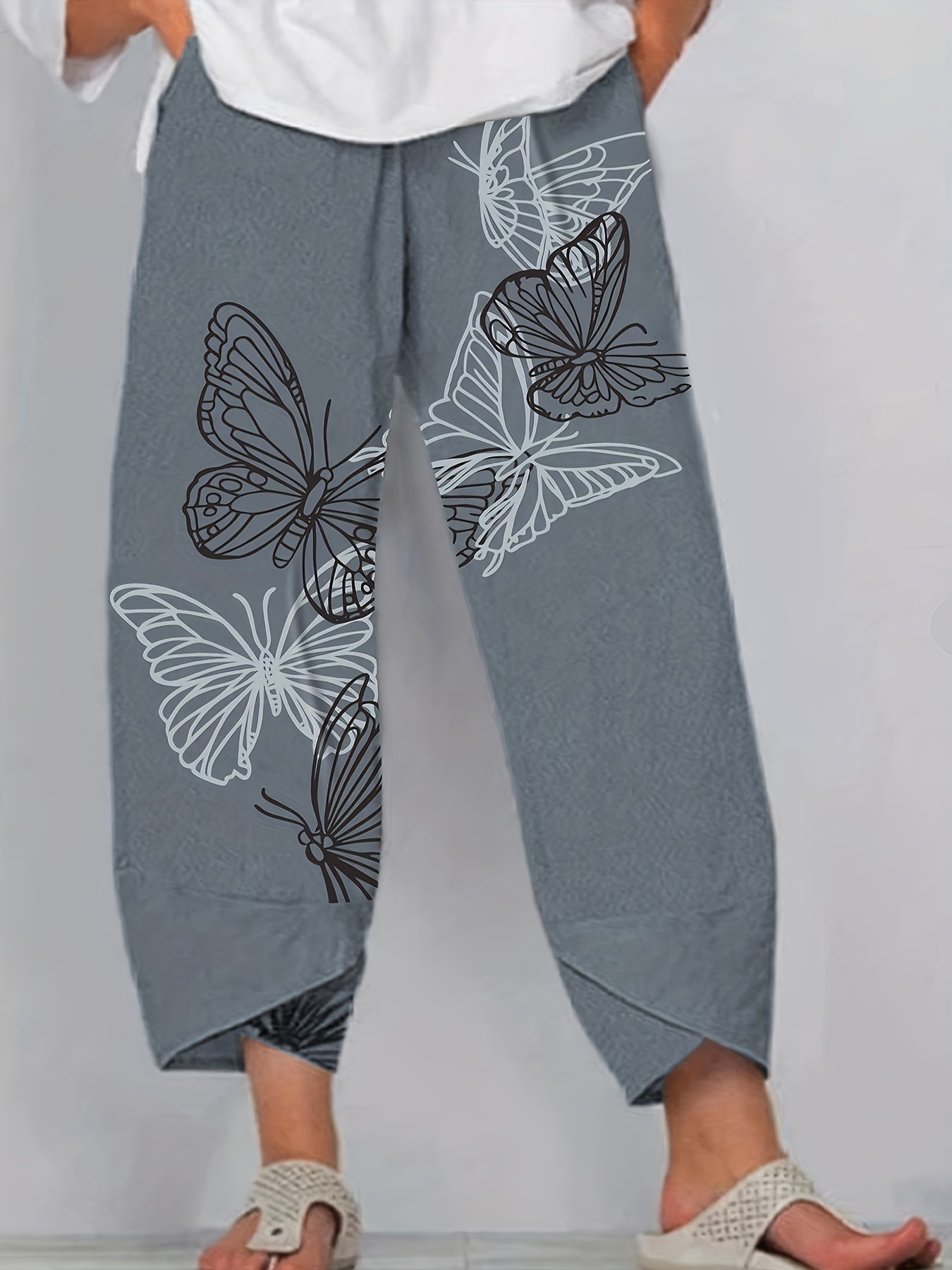  Butterfly Print Wide Leg Cropped Pants