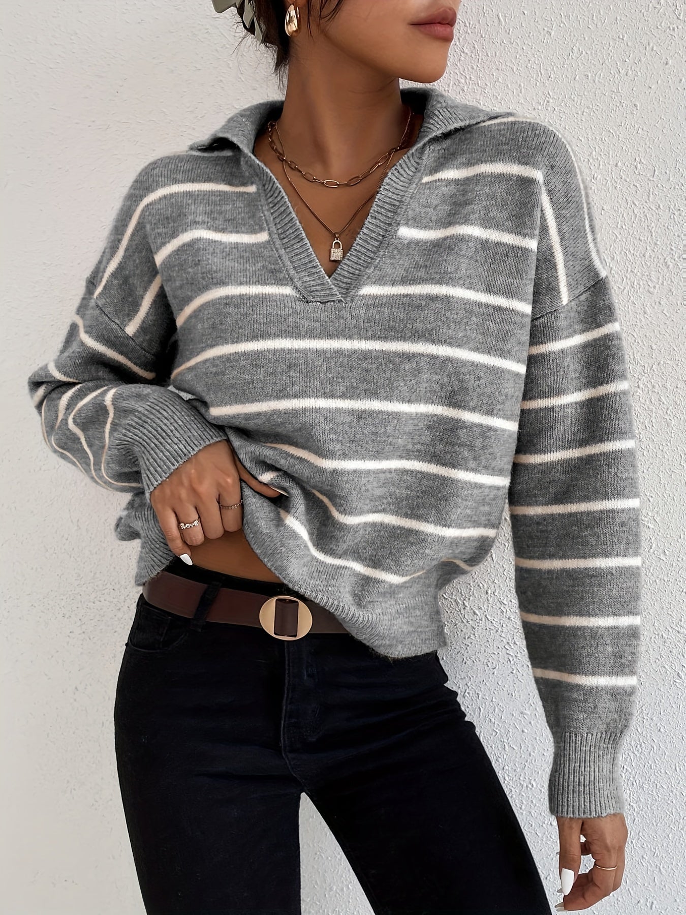  Striped Knitted Long Sleeve Polo Neck Pullover Jumper