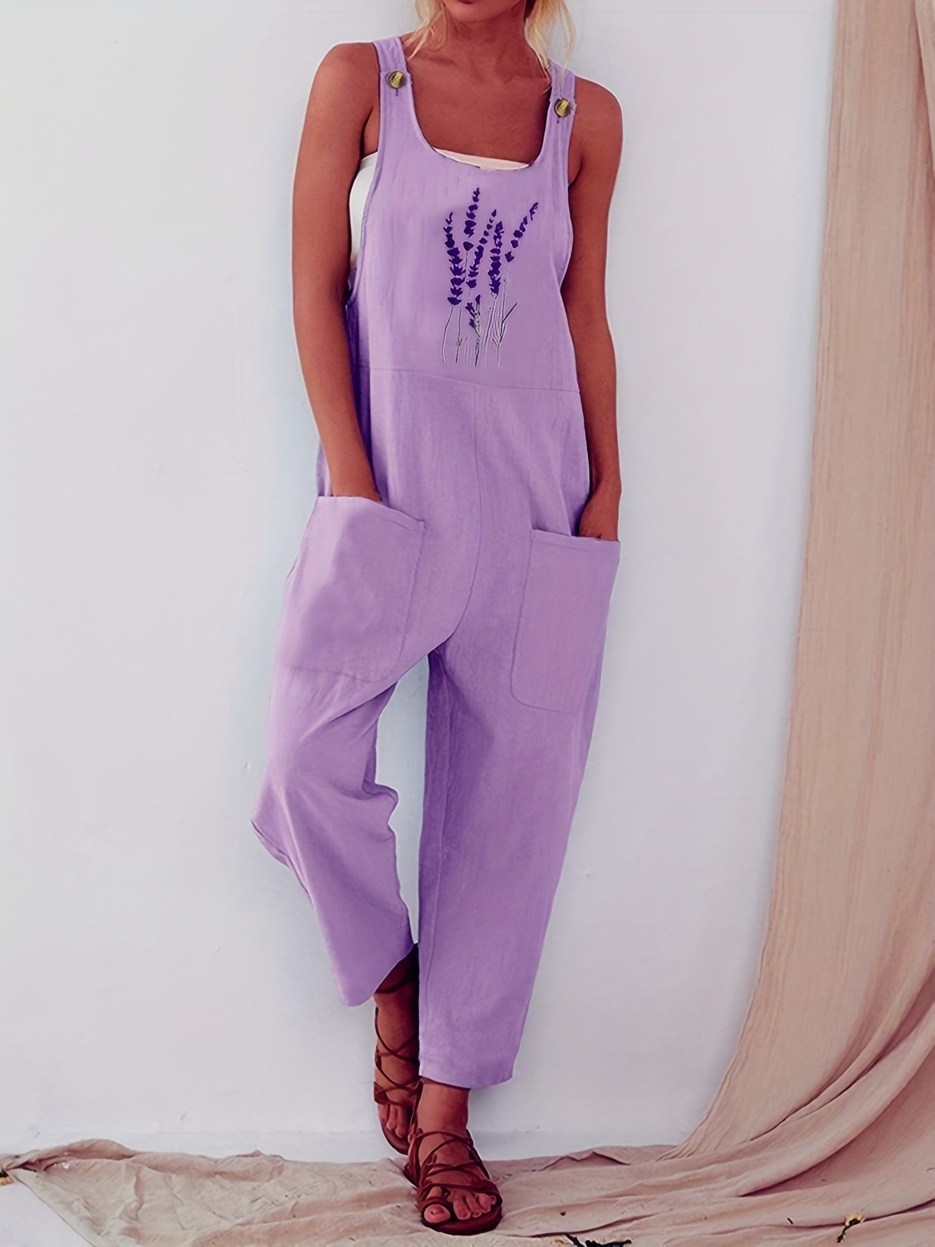 Pocket Solid Tank Jumpsuit Loose Casual Women's Clothing