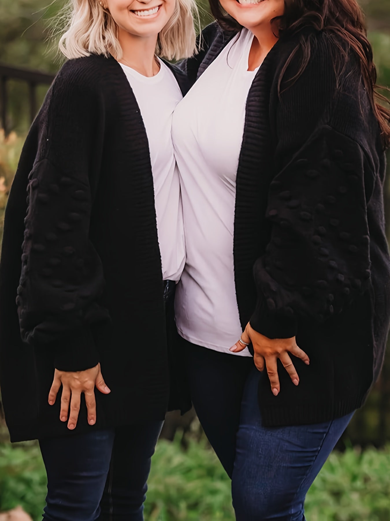Plus Size Solid Dot Pattern Lantern Sleeve Open Front Sweater Cardigan