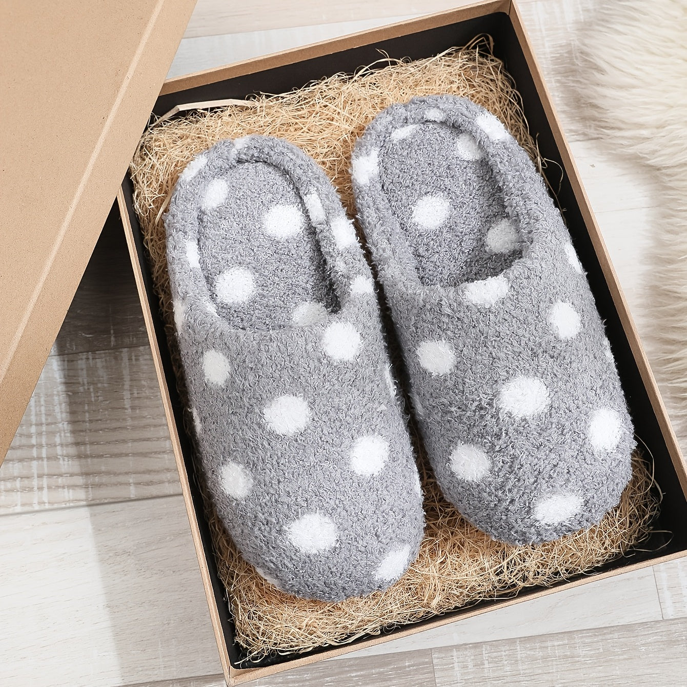 Men's Furry Cozy Dot Slides Warm Slip On Indoor Home Shoes