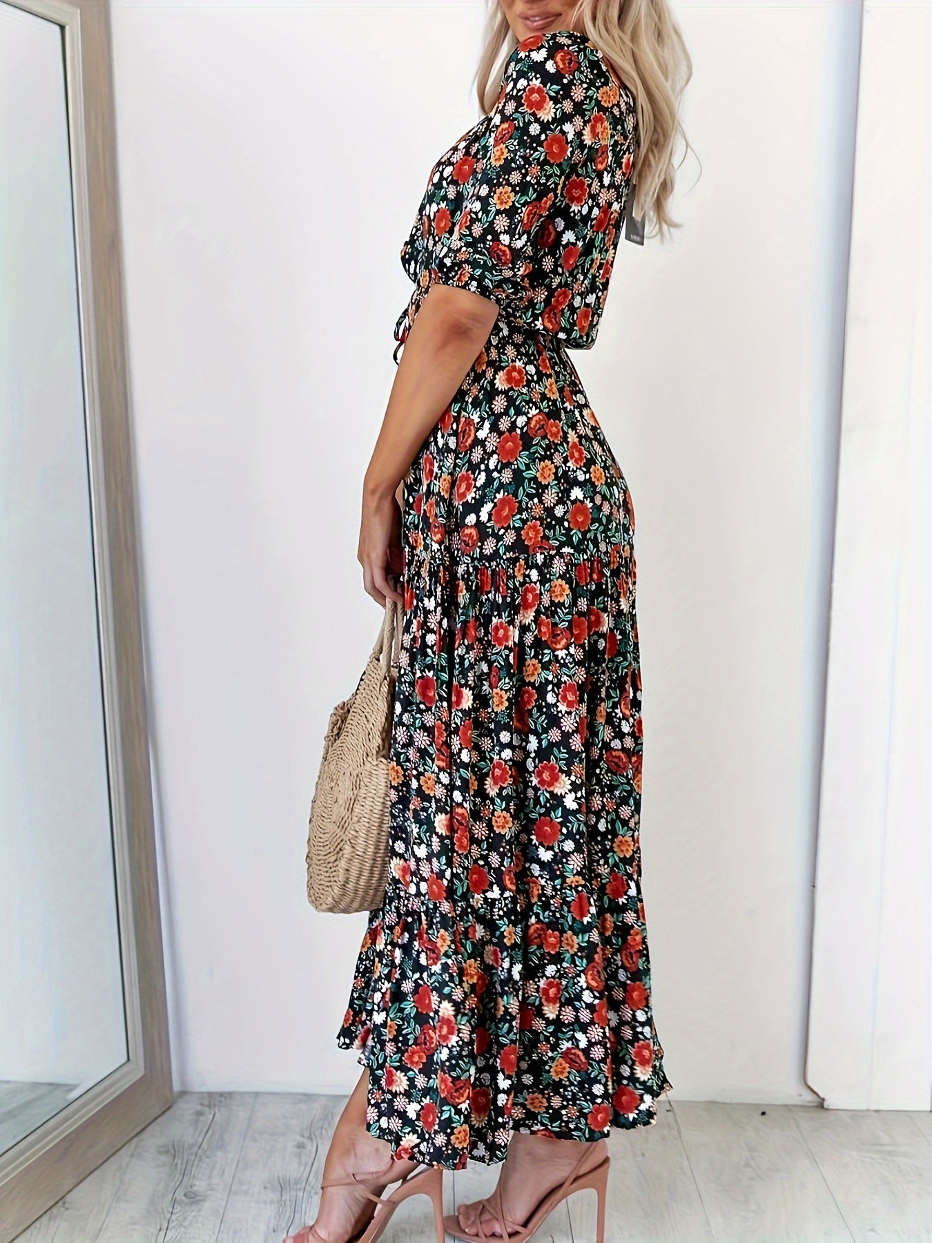  Floral Print Long Sleeve V Neck Maxi Dress