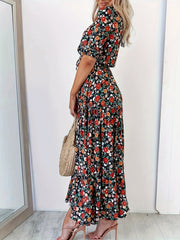  Floral Print Long Sleeve V Neck Maxi Dress