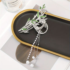 Golden Bamboo Pearl Tassel Hair Claw Clip Non Slip Strong Hold