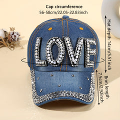 Denim Baseball Cap Faux Pearl Rhinestone Decor LOVE Distressed Sun Hat