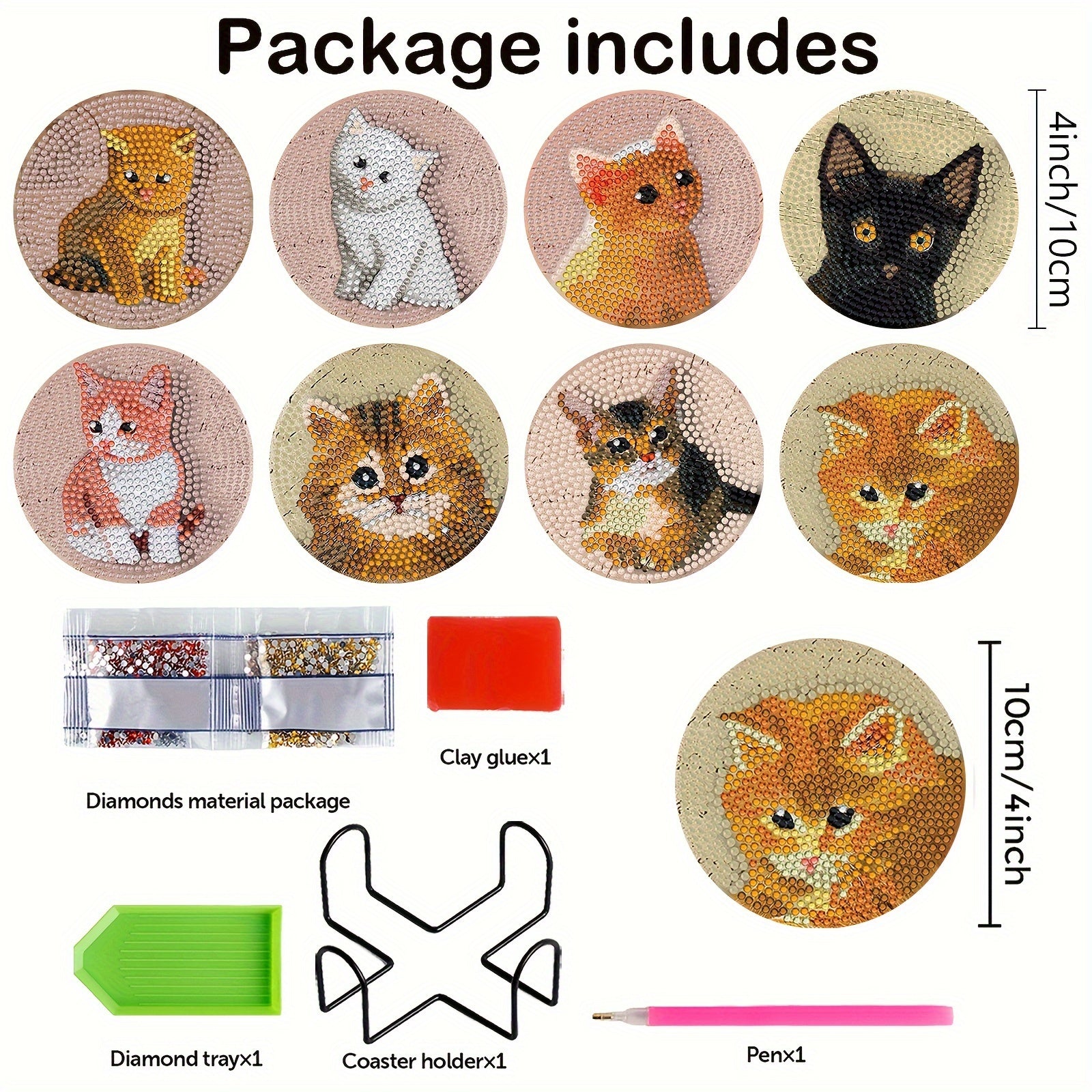 8pcs 3D Cats Diamond Painting Coasters Kits with Holder DIY Cat Diamond Art