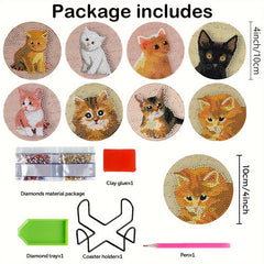 8pcs 3D Cats Diamond Painting Coasters Kits with Holder DIY Cat Diamond Art