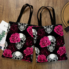 Canvas Tote Bag Skull & Floral Print Lightweight Shopping Bag