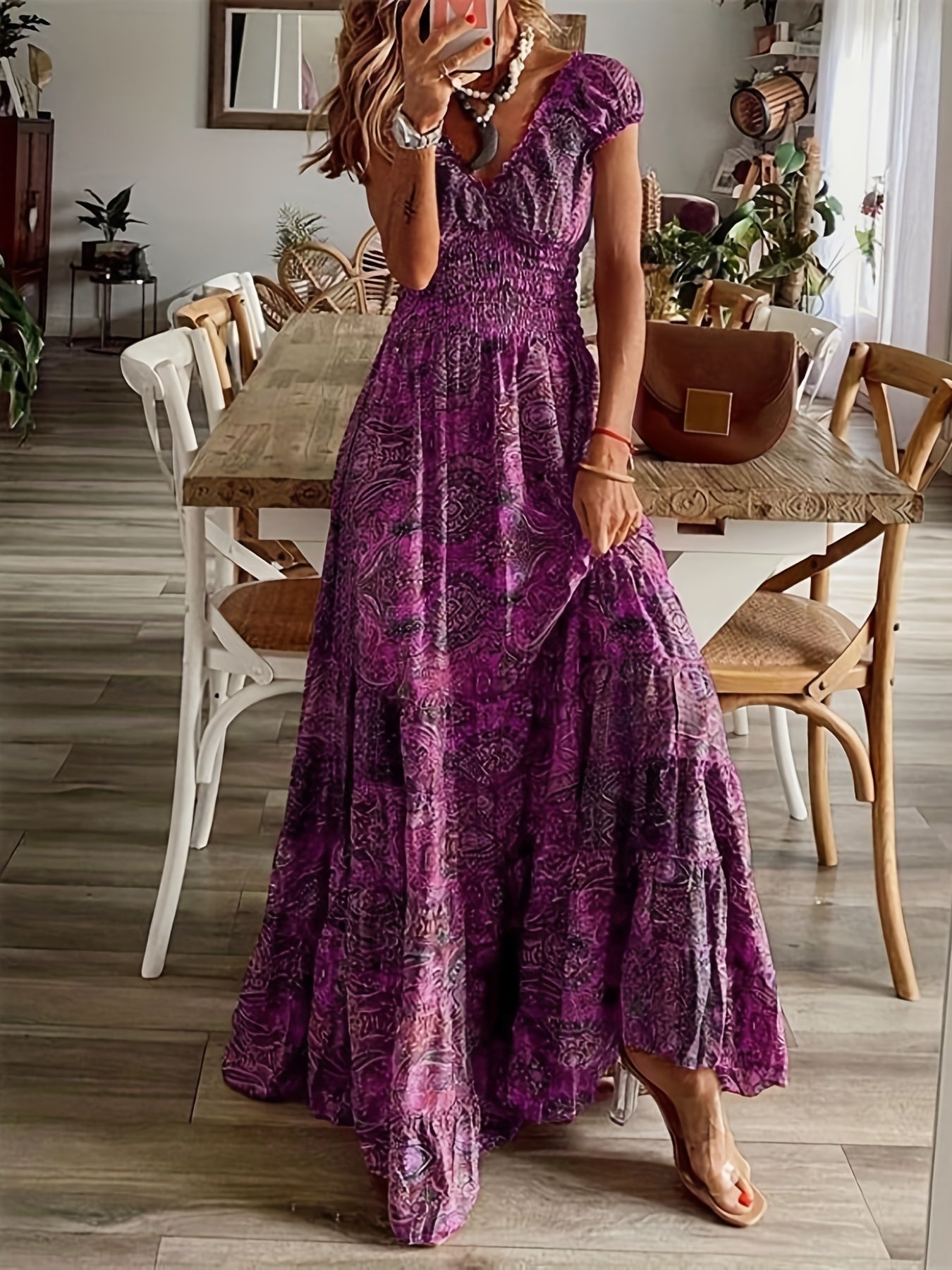  Floral Print Bubble Sleeve V Neck Nipped Waist Maxi Dress