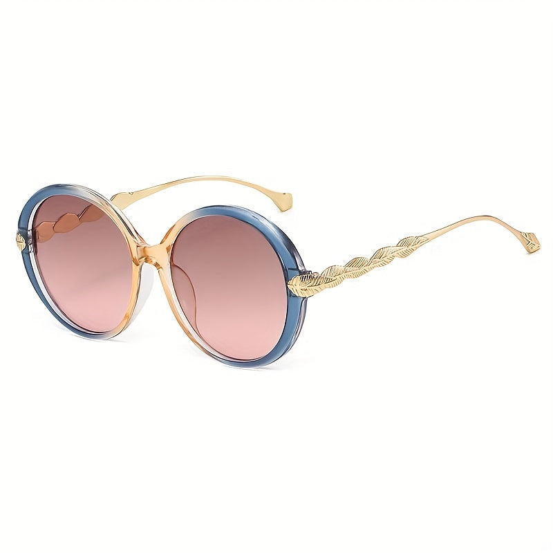 Large Round Sunglasses Metal Leaf Charm Gradient UV400
