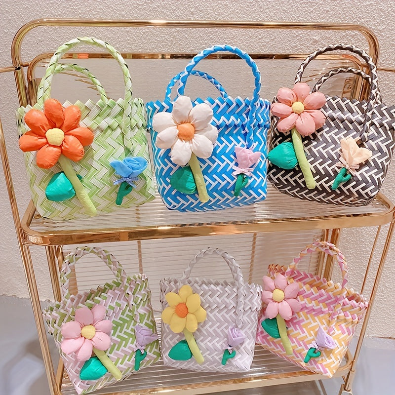 Colorful Plastic Braided Handbag with Flower Decor