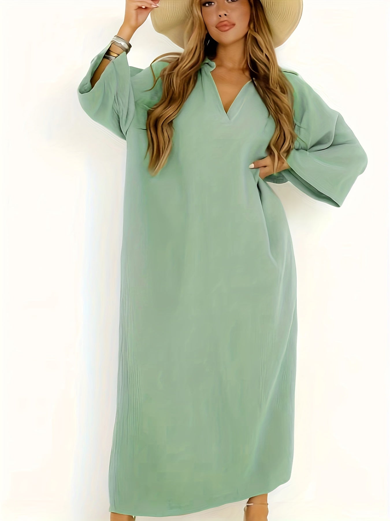  V Neck Loose Fit Maxi Jalabiya Dress