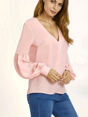  Casual Blouse Women's Plus Solid Stitching Lantern Sleeve