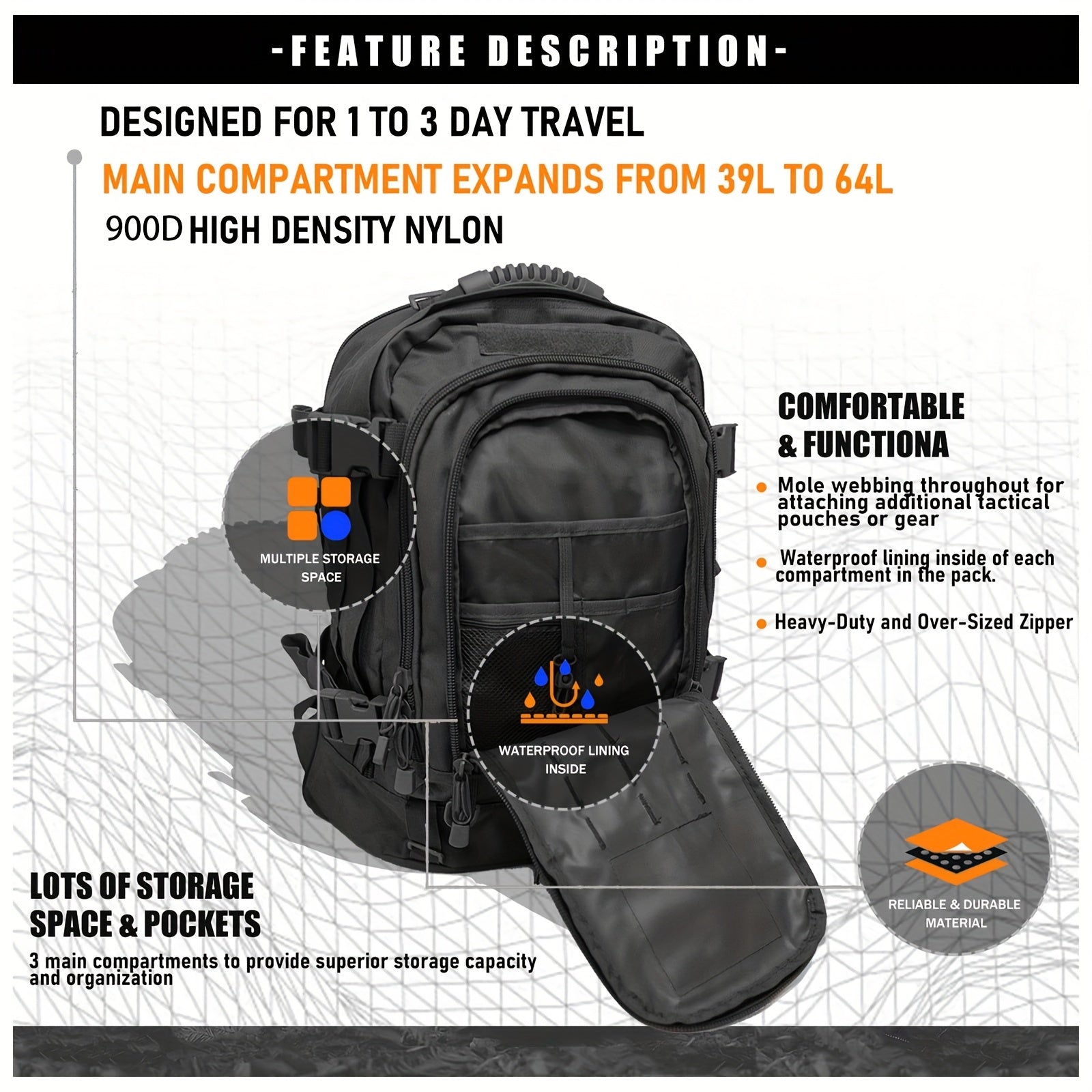 Large Capacity Backpack Tactical Sports Bag for Camping Hiking