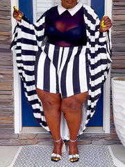  Stripe Print Bat Sleeve Cardigan & Shorts Outfit