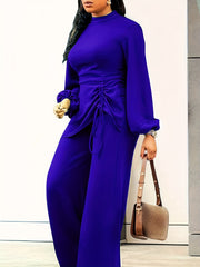  Casual Jumpsuit Lantern Sleeve Mock Neck Drawstring Wide Leg