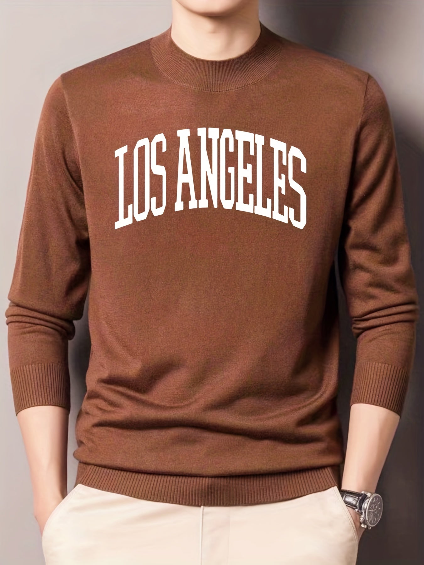 LA Crew Neck Knitted Sweater Men's Casual Warm Pullover Fall Winter