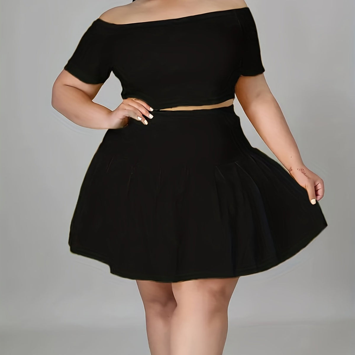  Off Shoulder Crop Top & Mini Skirts Set Women's Plus Casual 2pcs Set