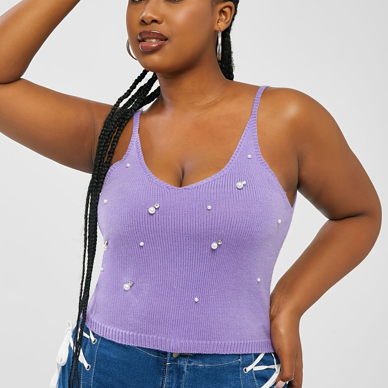  Faux Pearl Knit Cami Top Women's High Stretch V Neck Vest