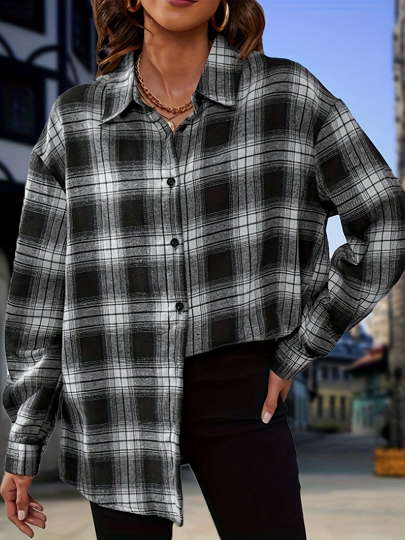  Plaid Print Long Sleeve Tunic Shirt
