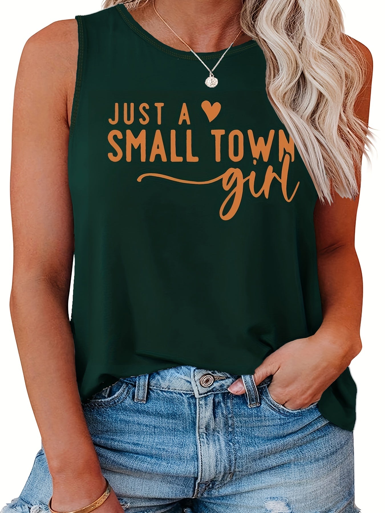  Slogan Print Tank Top Round Neck Stretch Casual Plus Women's