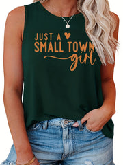 Slogan Print Tank Top Round Neck Stretch Casual Plus Women's
