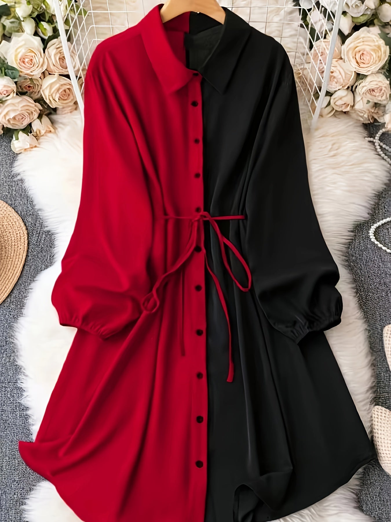  Colorblock Lantern Sleeve Shirt Dress