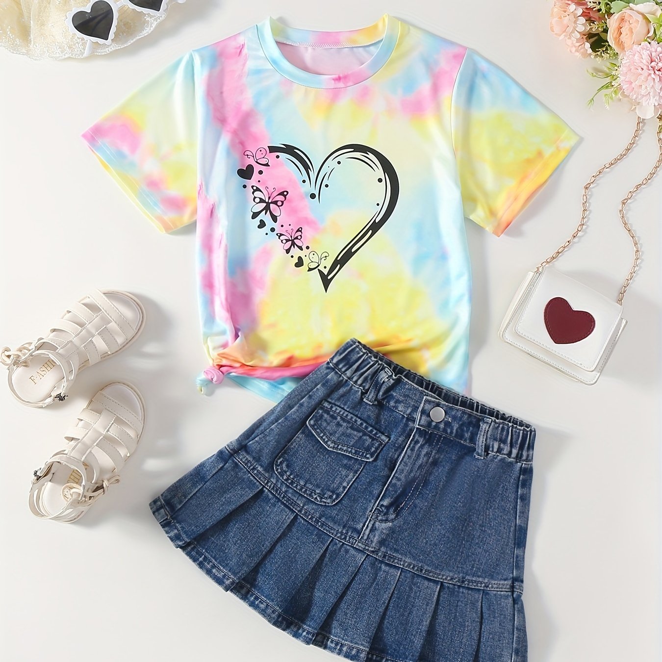 Girl's Heart Butterfly Tie Dye T shirt & Pleated Denim Skirt Set