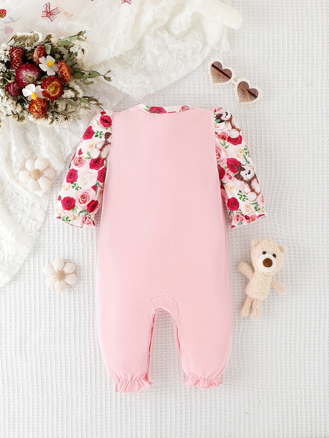 Baby Girl Bear Flower Embroidered Patchwork Button Onesie