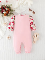 Baby Girl Bear Flower Embroidered Patchwork Button Onesie