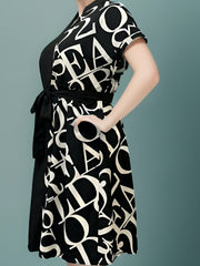  Colorblock Letter Print Shirt Dress With Belt