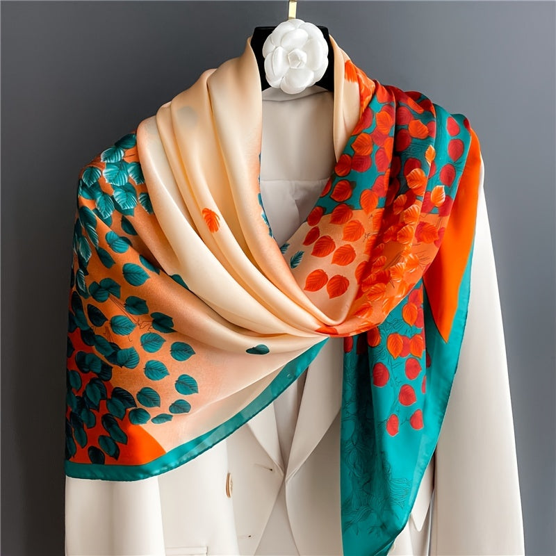 Colorful Leaves Satin Print Square Scarf for Women