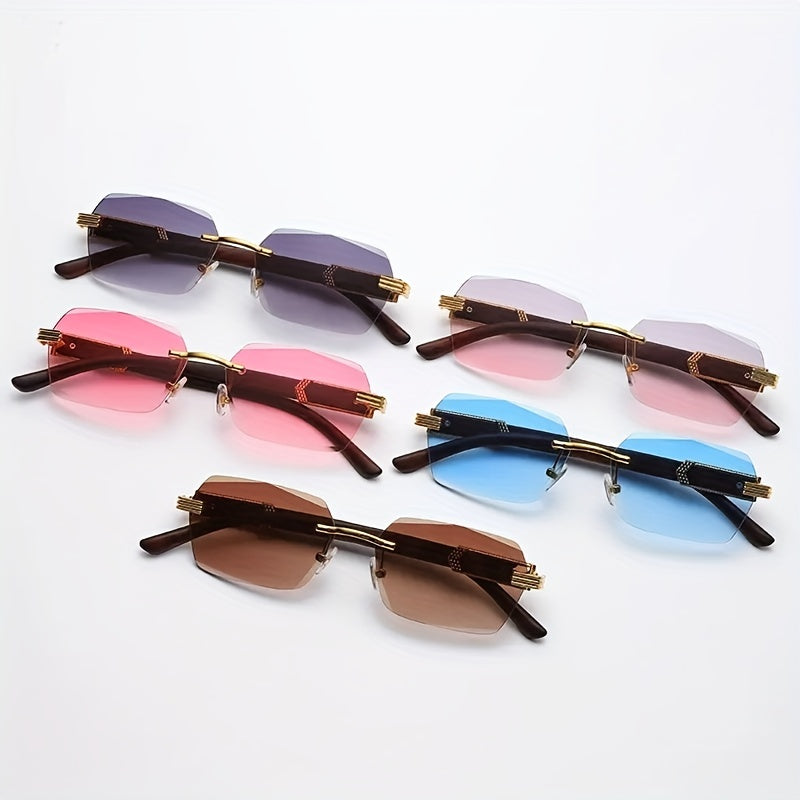 Men's Rimless Square Wood Grain Sunglasses UV400