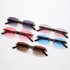 Men's Rimless Square Wood Grain Sunglasses UV400