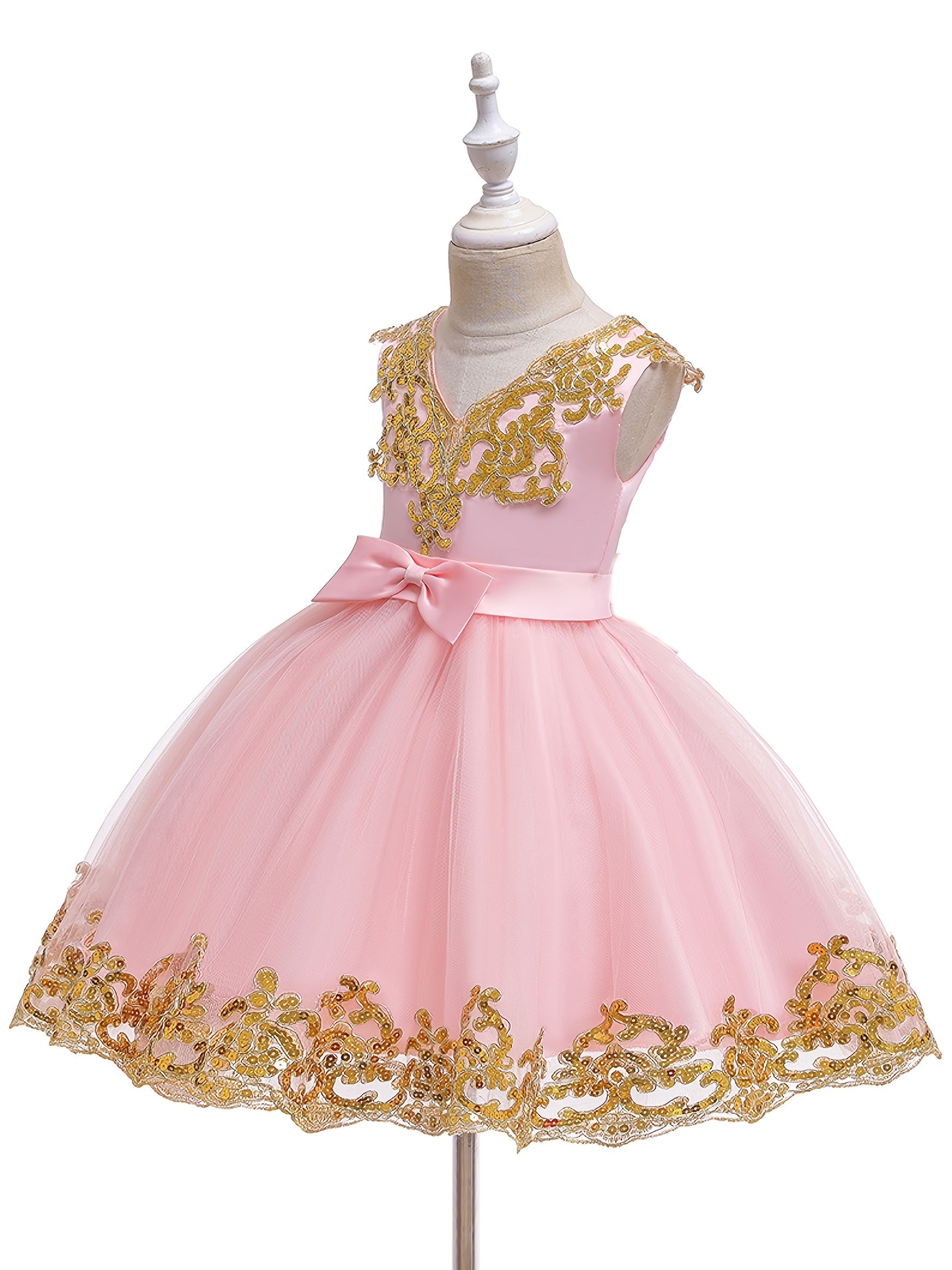 Girls Sequin Embroidery Mesh Princess Dress for Piano Performance Wedding