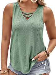  Eyelet Embroidered V Neck Tank Top